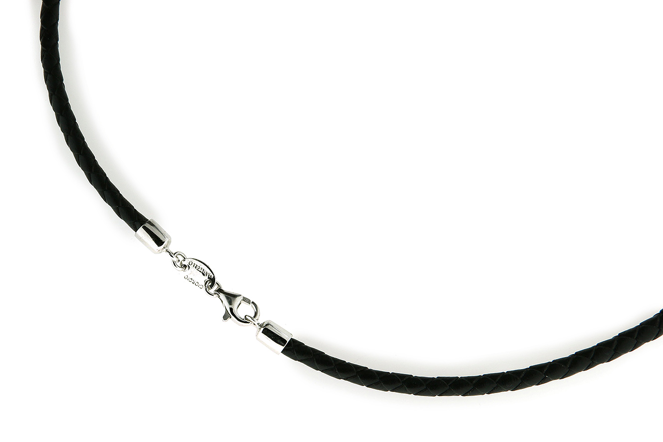 50cm schwarzes Leder Collier Karabiner in Silber 925 rhodiniert