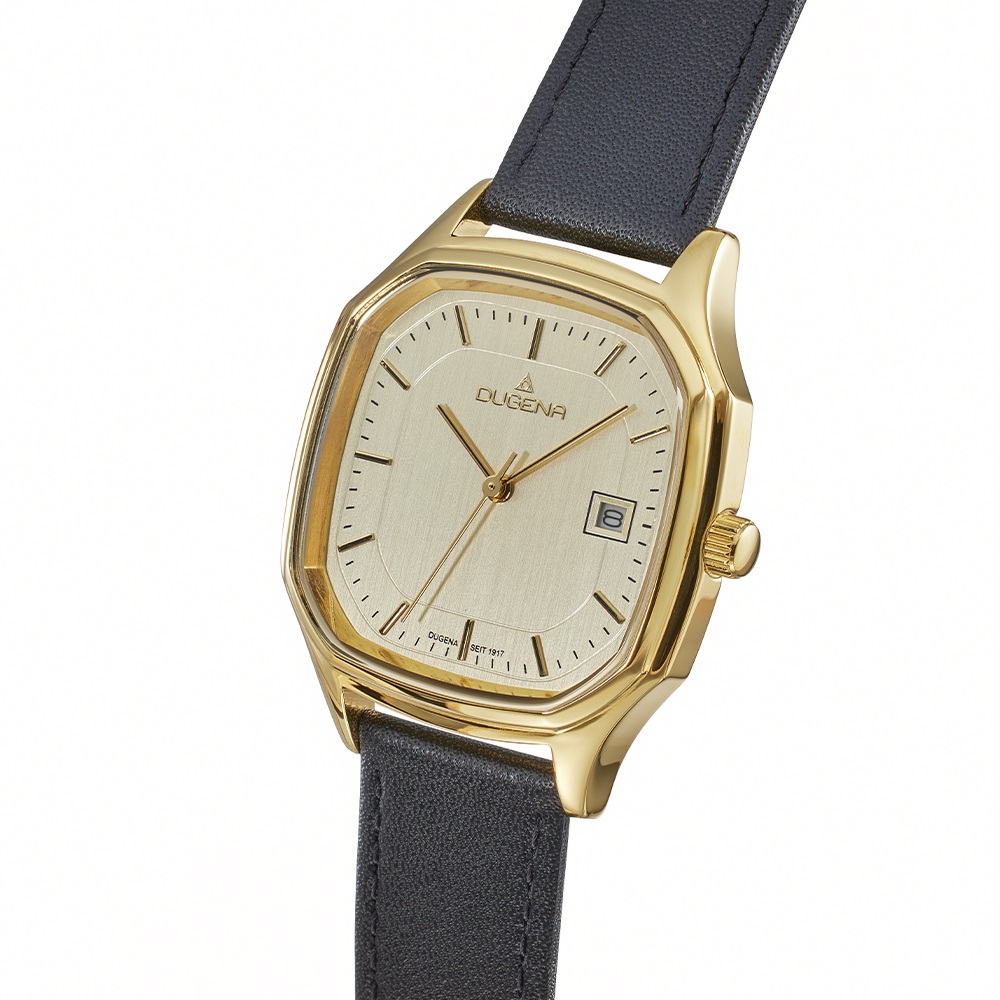 Armbanduhr Ulm Dugena 4461263 mit goldenen Zifferblatt und Lederarmband