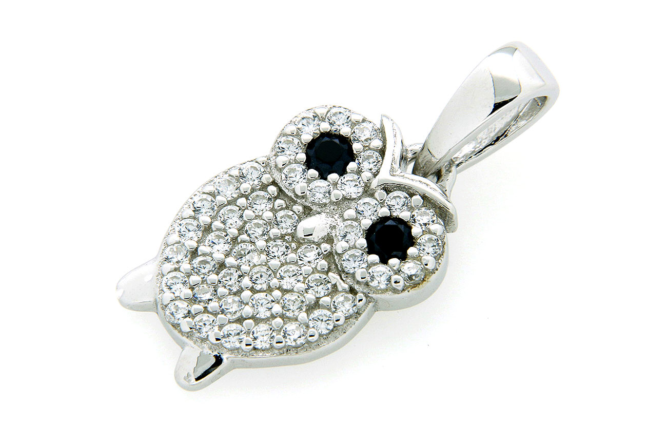 Kettenanhänger Eule in Silber 925 mit weißen und schwarzen Zirkonia