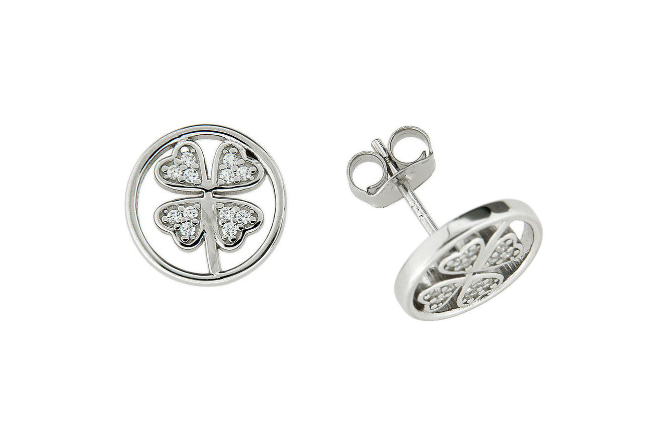 Ohrstecker Kleeblatt in Silber 925 rhodiniert mit Zirkonia