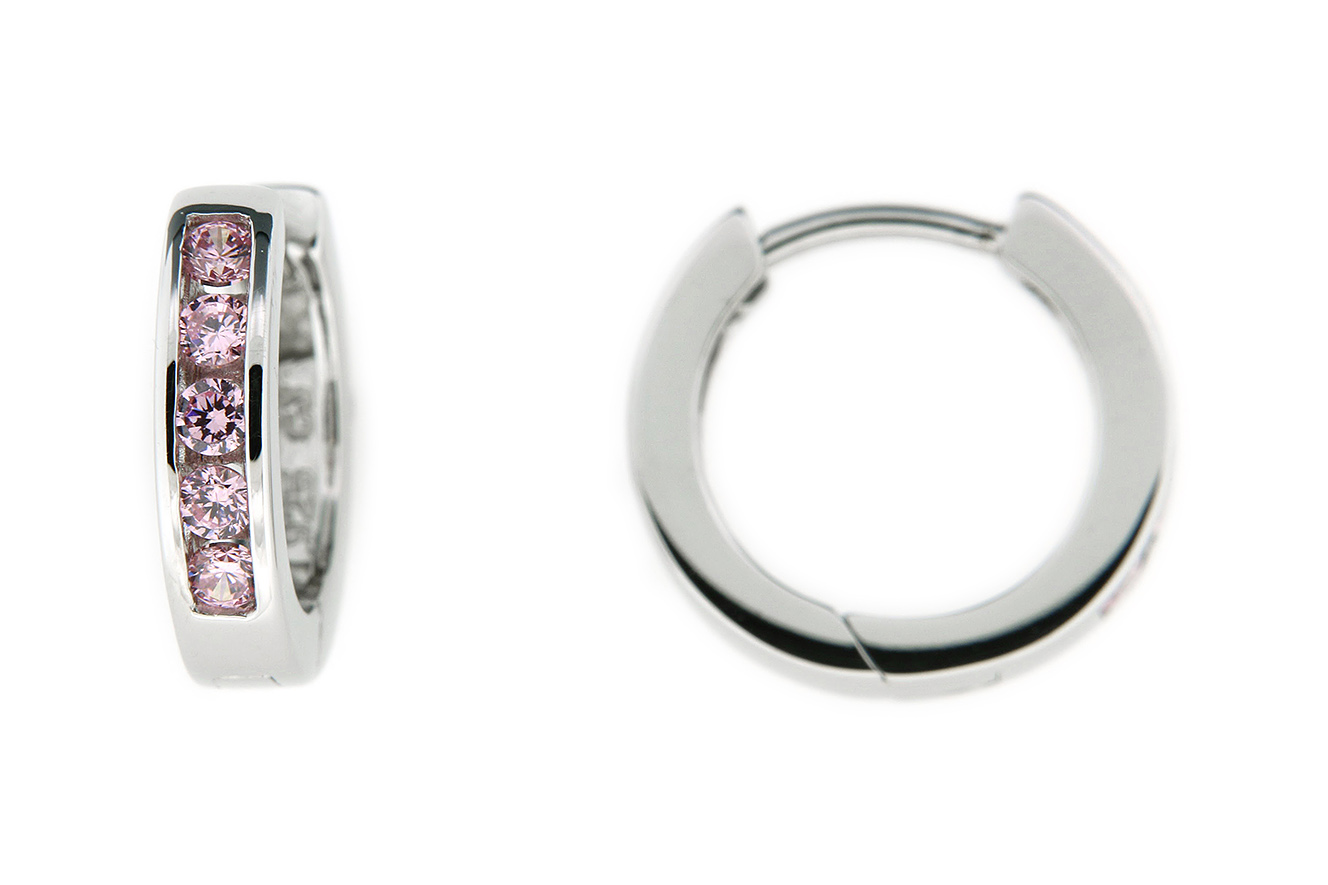 Creole Ohrringe in Silber 925 mit pinken Zirkonia und rhodinierter  Oberfläche