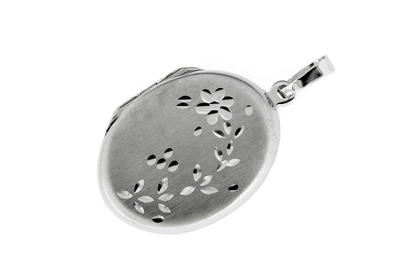 Kettenanhänger Medaillon in Silber 925 mit rhodinierter Oberfläche in ovaler Form und floraler Gravu