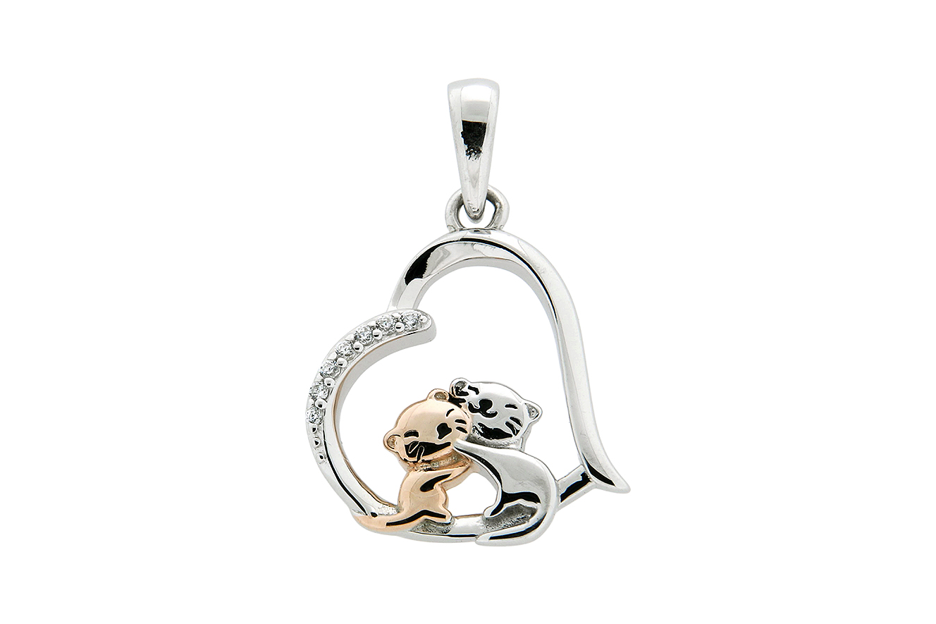Kettenanhänger Herz mit Katze, Katzenpaar in Silber 925 