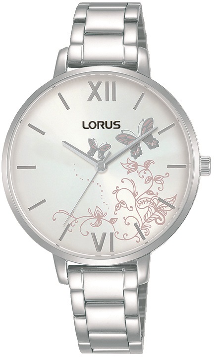 Damenarmbanduhr von Lorus RG201TX9 mit Ziffernblatt in weiß und Schmetterling und Blütenranke