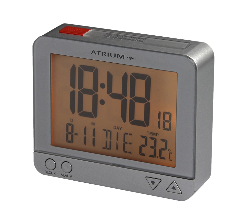 Silberner Funkwecker Atrium A760-19 Autolicht mit Lichtsensor, Weckwiederholung, Temperaturanzeige, 