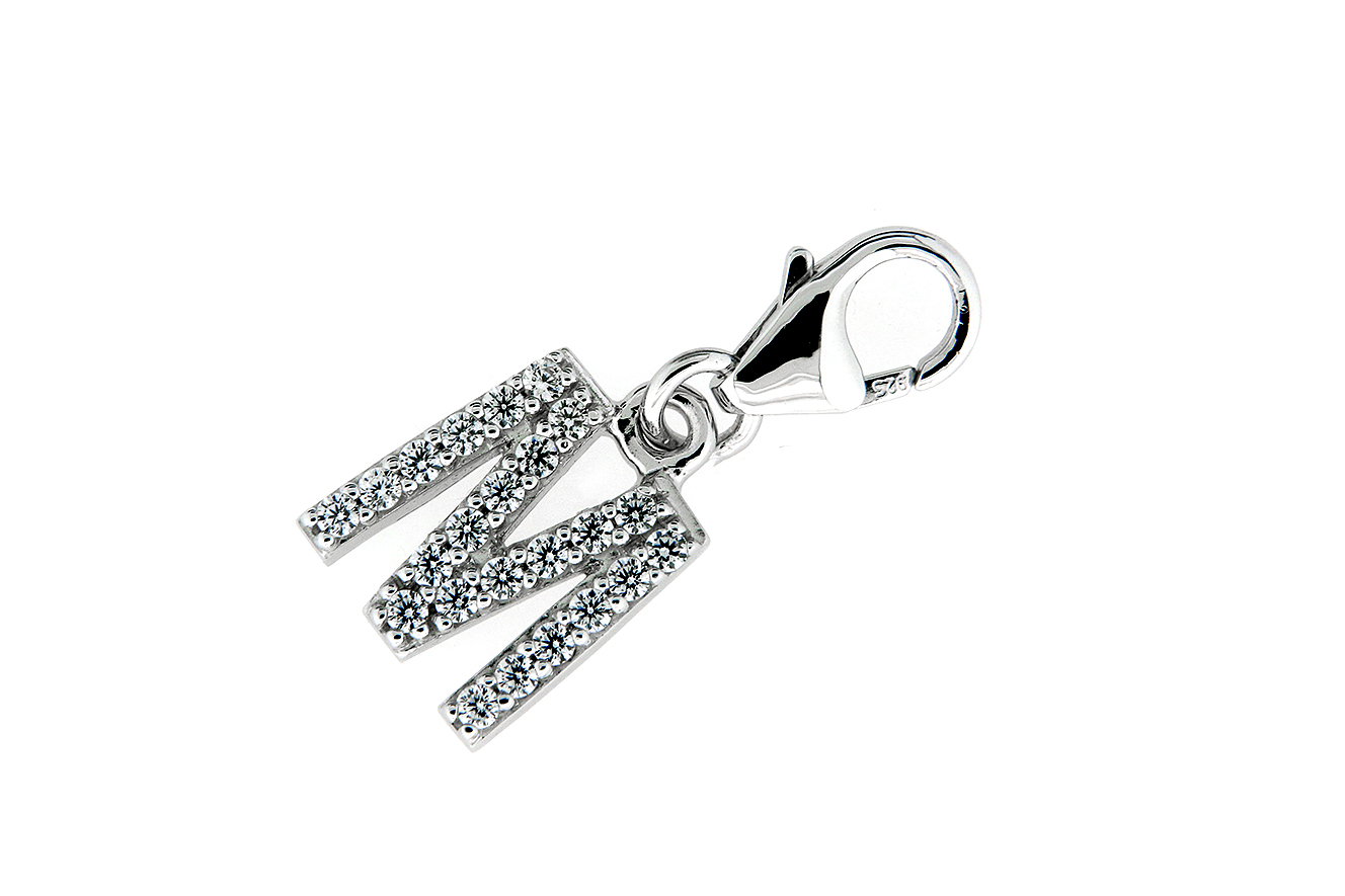 Einhänger Anhänger Buchstabe M in Silber 925 rhodiniert mit Zirkonia