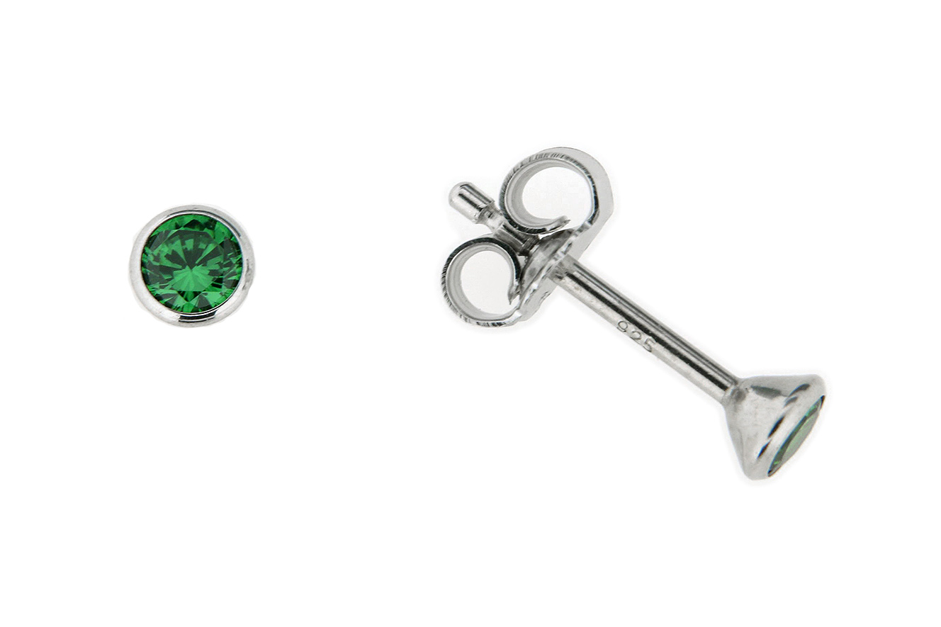 Ohrringe in Silber 925 mit grünen Zirkonia 3,5mm Durchmesser und rhodinierter Oberfläche