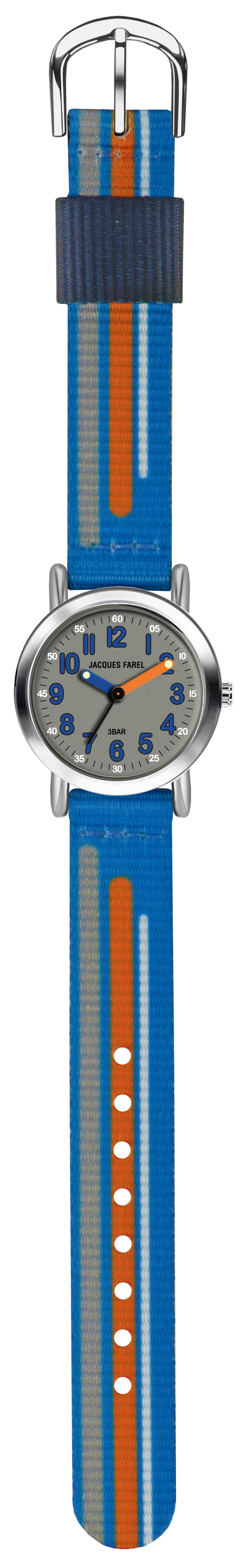 Kinderuhr von Jacques Farel KPS 201 Metallgehäuse und Textilarmband in blau mit orange grau und hell