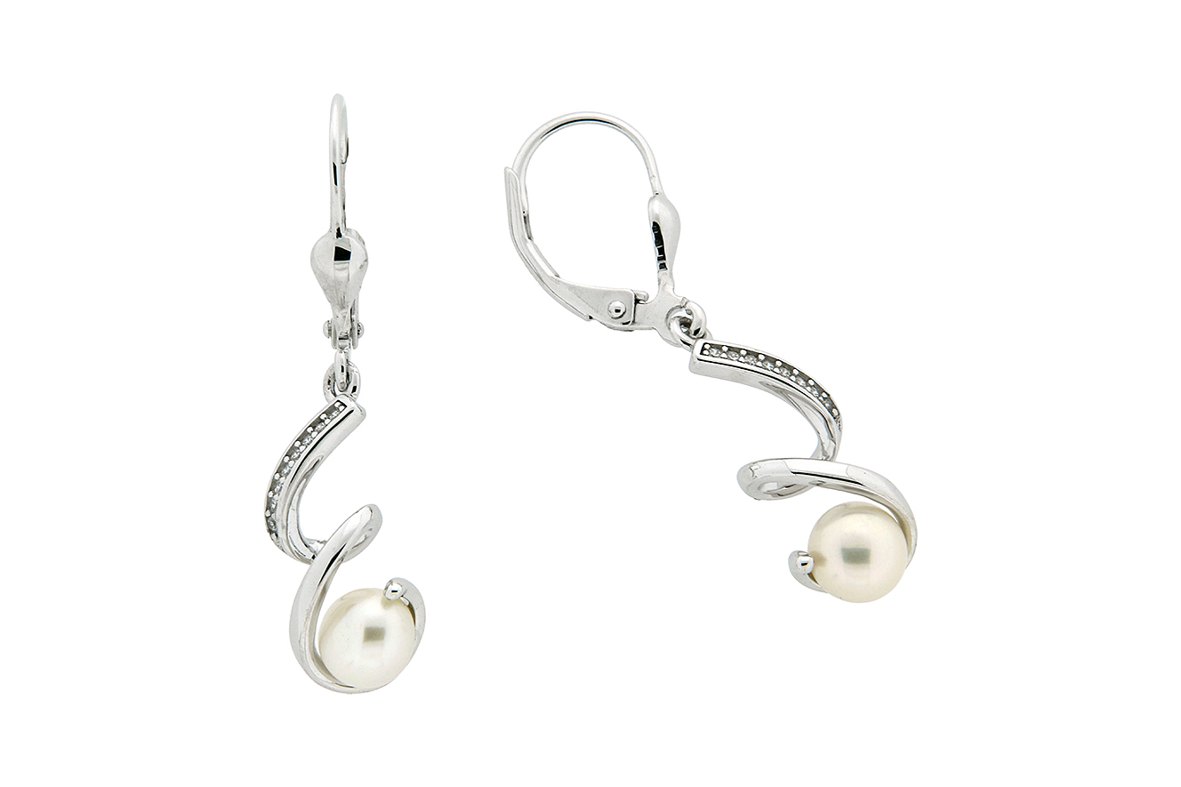Ohrringe Spirale in Silber 925 rhodiniert mit Zirkonia und Perle
