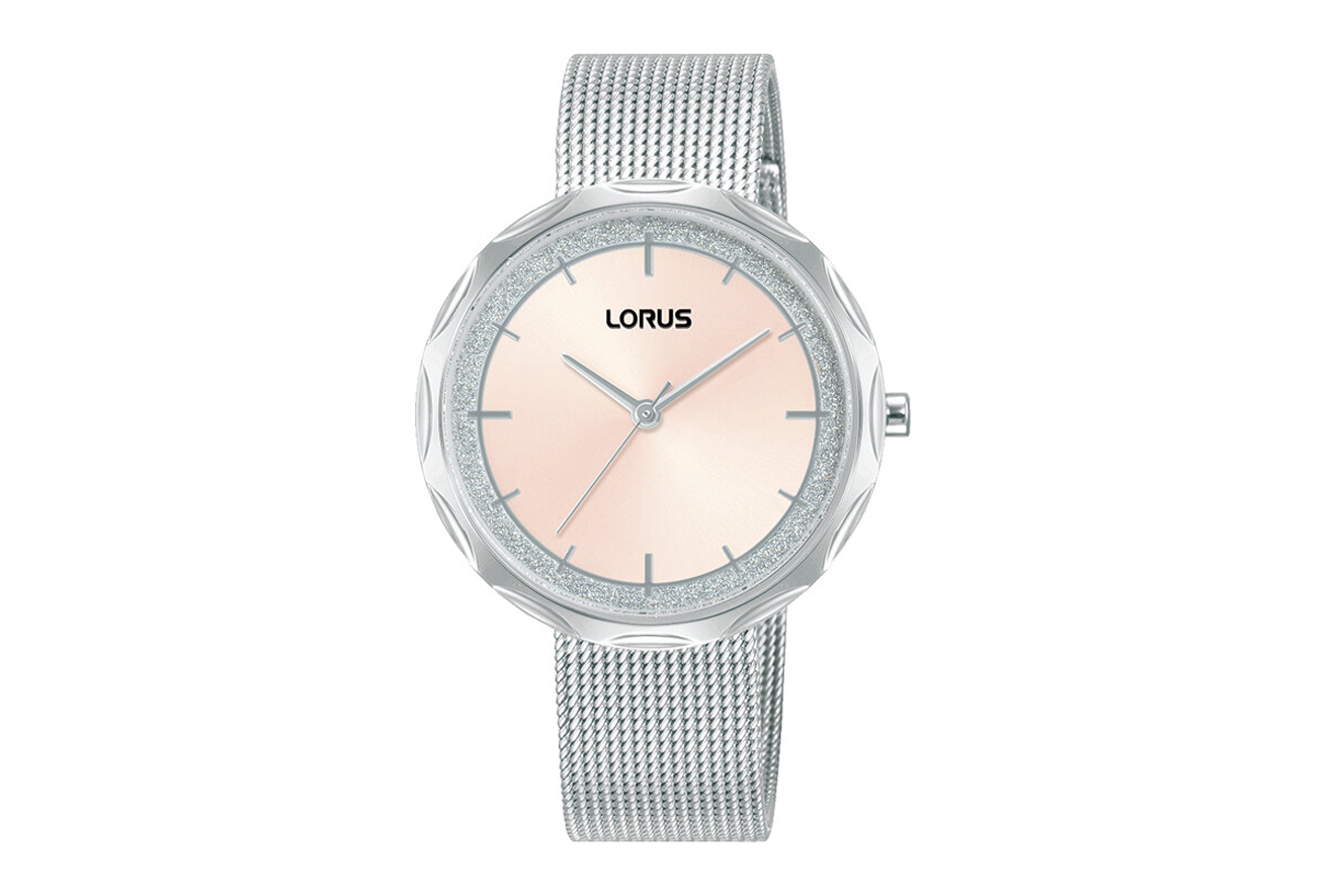 Armbanduhr Lorus RG239WX9 mit rosafarbenen Zifferblatt und geflochtenen Armband