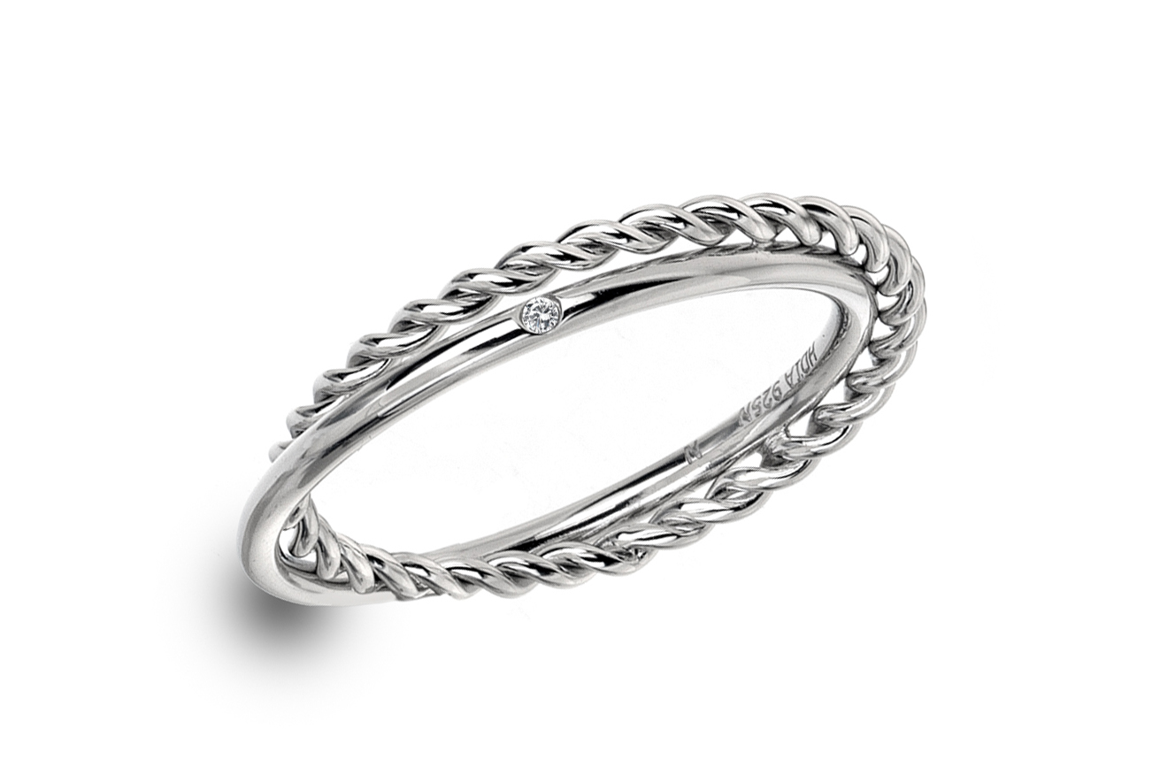 Gr.58 Ring in Silber 925 rhodiniert mit Diamant Kordel