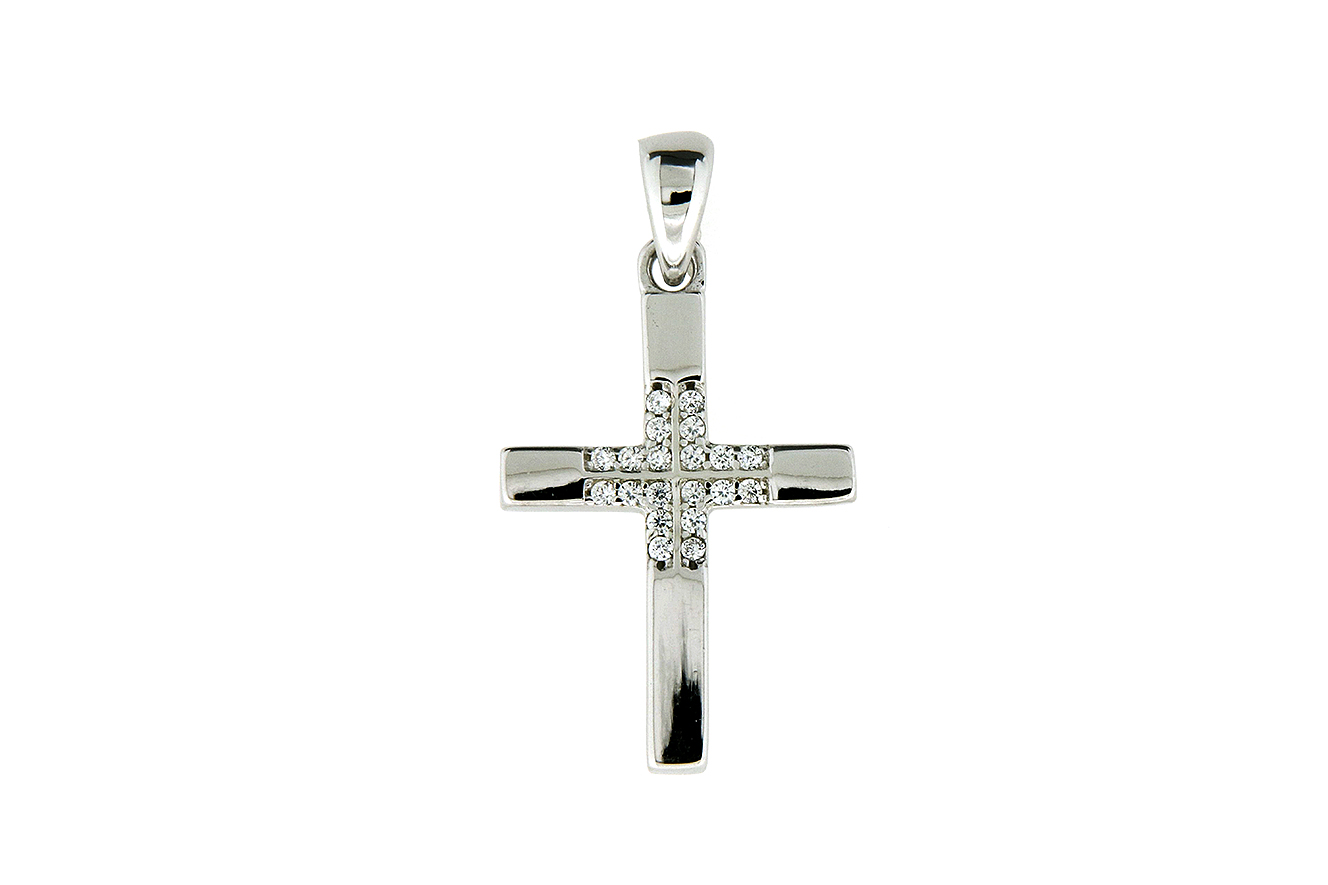 Kettenanhänger Kreuz in Silber 925 rhodiniert mit Zirkonia 