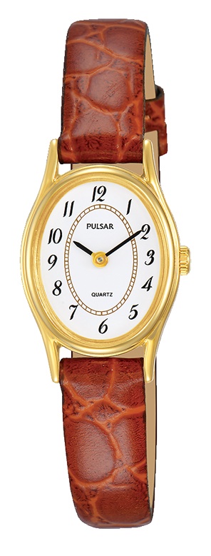 Armbanduhr Pulsar PPGD66X1 mit weißen Zifferblatt und braunen Lederarmband