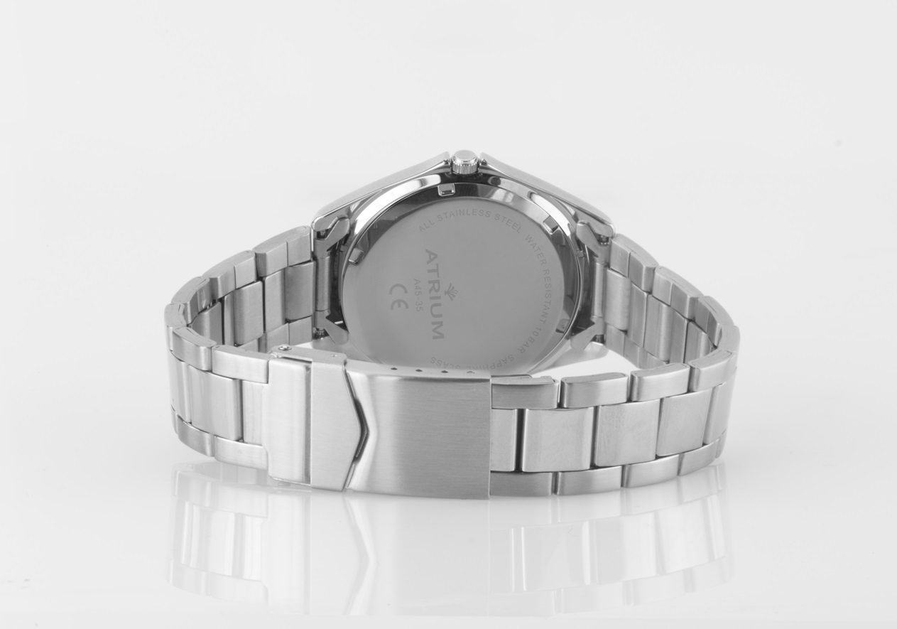 Armbanduhr Atrium A45-35 in Edelstahl mit Saphirglas sowie dunkelblauen Zifferblatt und Faltschließe
