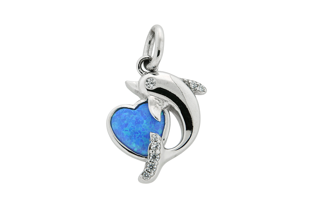 Anhänger Delfin mit Herz in Silber 925 mit synthetischen Opal