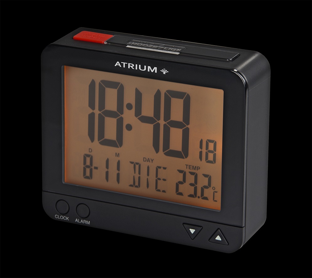 Schwarzer Funkwecker Atrium A760-7 Autolicht mit Lichtsensor, Weckwiederholung, Temperaturanzeige, T