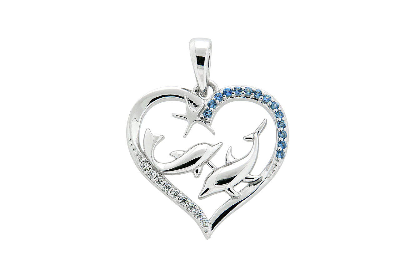 Anhänger Delfin im Herz in Silber 925 rhodiniert mit Zirkonia