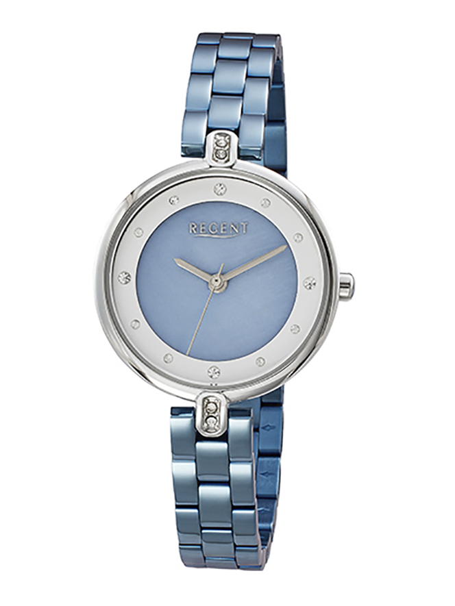 Damenarmbanduhr von Regent F-1656 mit Edelstahlgehäuse und Metallarmband in blau