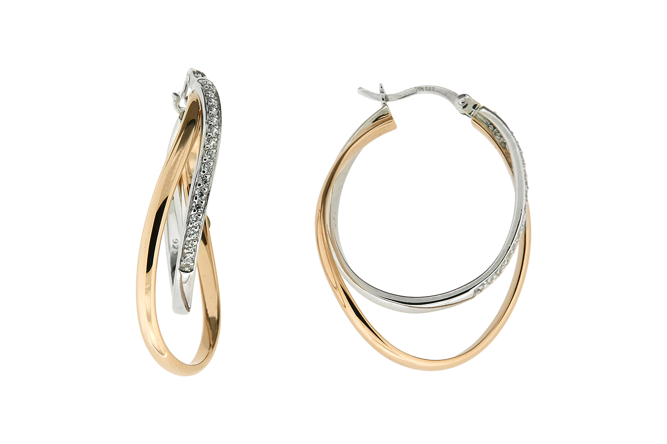 Creole Ohrring Silber 925 rhodiniert mit Zirkonia und rosé vergoldet