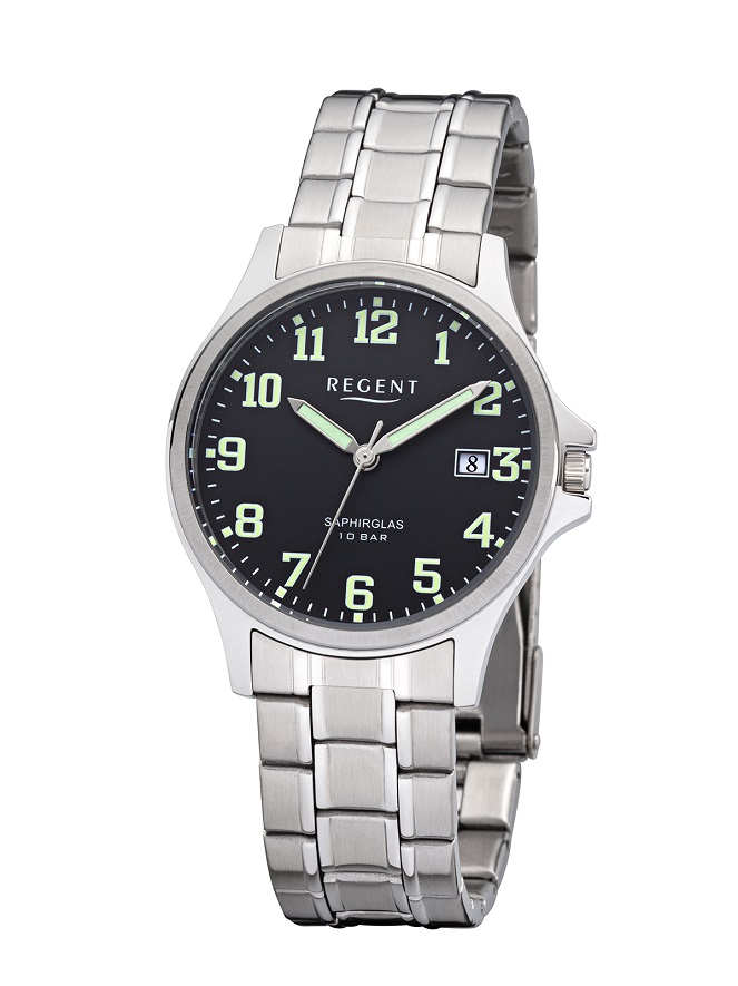 Armbanduhr Regent F-1282 mit schwarzen Zifferblatt sowie Saphirglas und großen Leuchtzahlen und Zeig