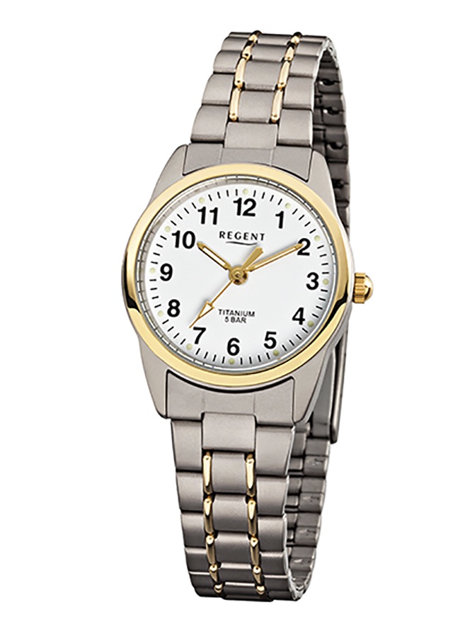 Damenarmbanduhr von Regent F-428 Titangehäuse und Titanarmband bicolor mit Faltschließe