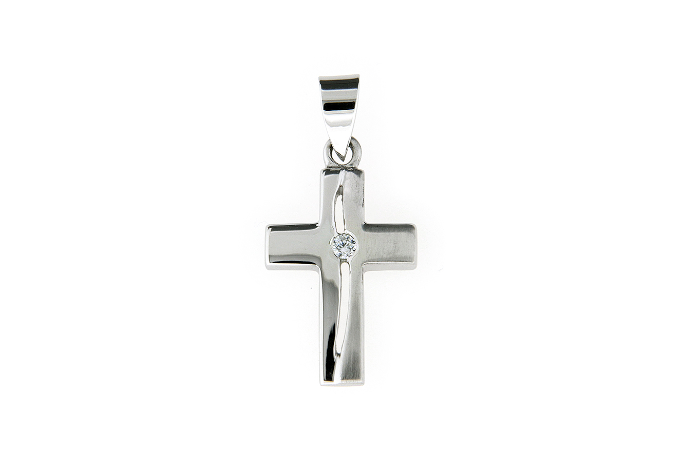 Kettenanhänger Kreuz in Silber 925 mit rhodinierter Oberfläche und funkelnden Zirkonia Stein