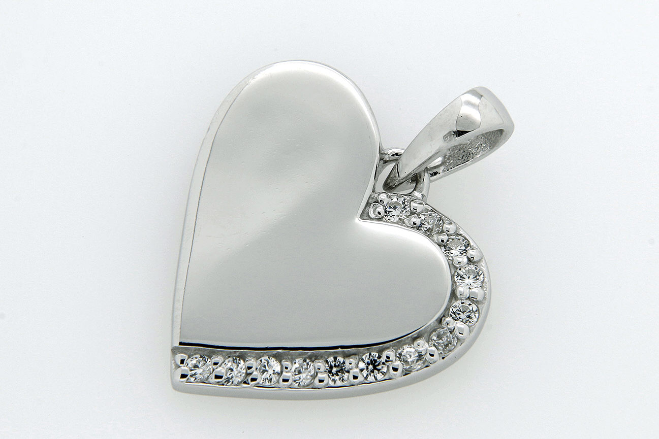 Gravurplatte Kettenanhänger Herz in Silber 925 mit rhodinierter Oberfläche und weißen Zirkonia Stein