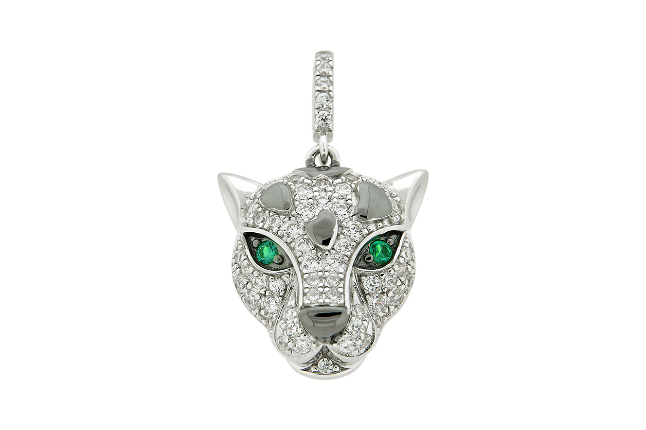 Anhänger Leopard in Silber 925 rhodiniert mit weißen und grünen Zirkonia