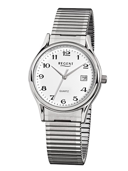 Armbanduhr von Regent F-874 mit Edelstahlgehäuse und Zugarmband sowie Datum und Taganzeige