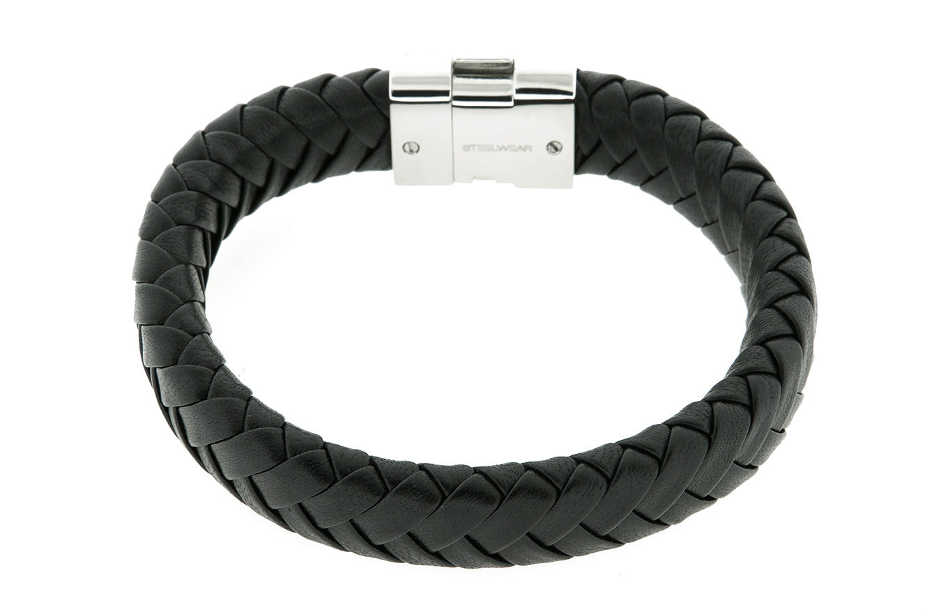 20cm Armband London mit schwarzen geflochten Leder und Edelstahl Schließe