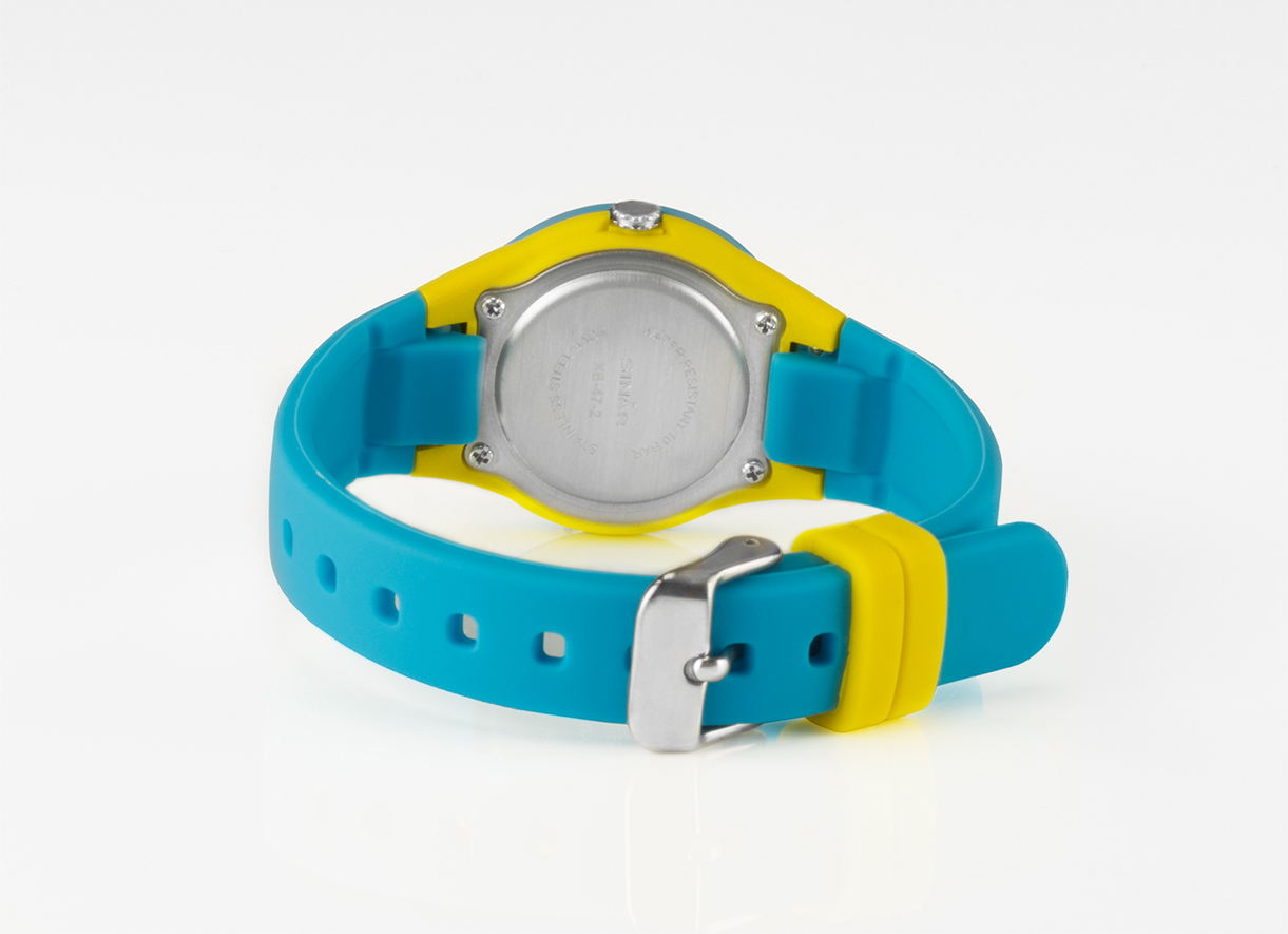 Fashion Jugenduhr XB-47-2 mit türkisen Silikonarmband und gelben Applikationen aus dem Haus Sinar.
