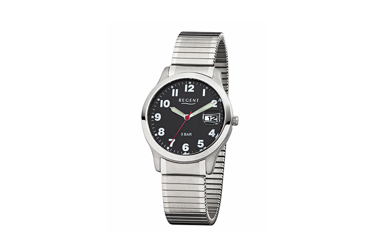 Armbanduhr Regent F-795 mit schwarzen Zifferblatt und Lupe für die Datumsanzeige
