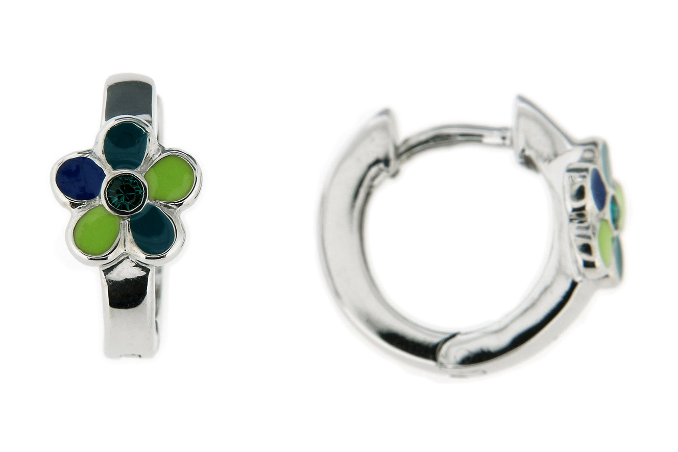 Creole in Silber 925 rhodinierter Oberfläche mit Zirkonia und Blüte Kindercreole