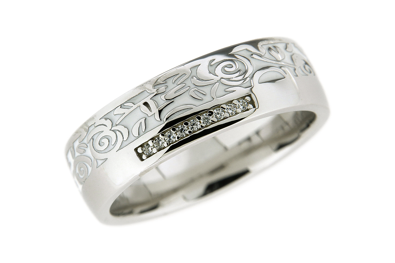 Gr.64 Ring in Silber 925 rhodiniert mit floralen Muster, Zirkonia und Emaille