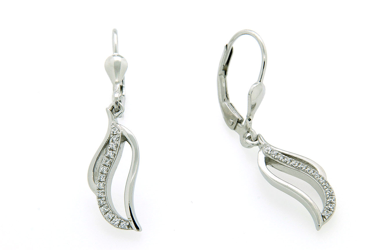 Ohrhänger in Silber 925 mit extravaganten Design und weißen Zirkonia sowie polierter Oberfläche