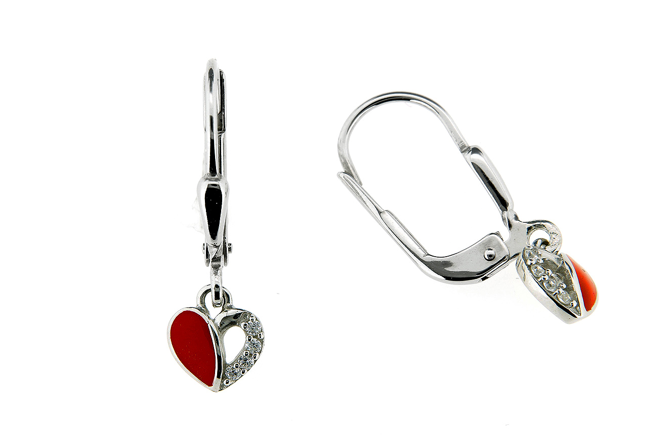 Ohrringe Herz in rot Silber 925 rhodiniert mit Zirkonia