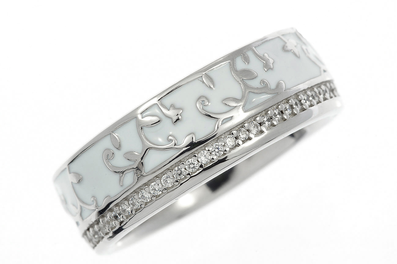 Gr.54 Ring in Silber 925 rhodiniert mit floralen Muster, Zirkonia und Lackeinlage 