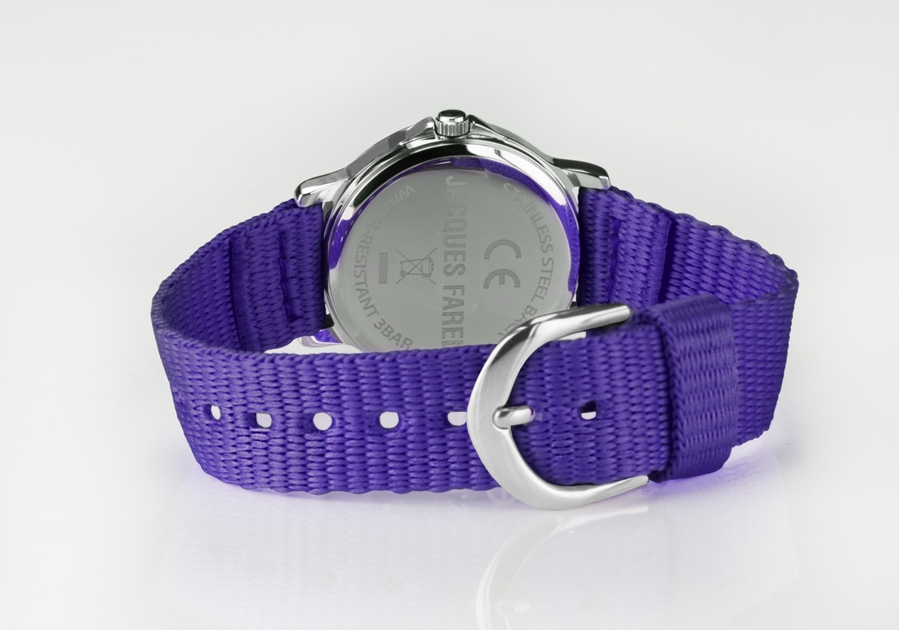 Kinderuhr von Jacques Farel KCF 089 Metallgehäuse und Textilarmband in lila